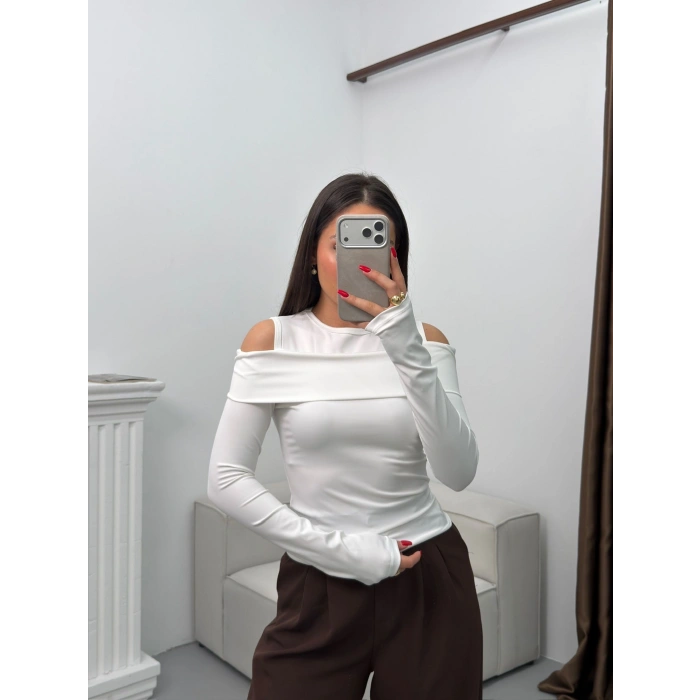 Omuz Damla Madonna Bluz - BEYAZ