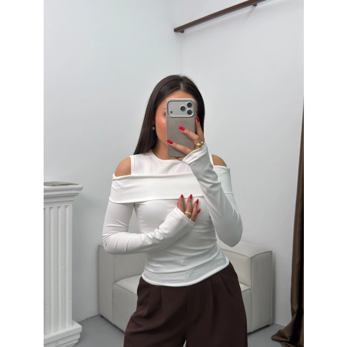 Omuz Damla Madonna Bluz - BEYAZ