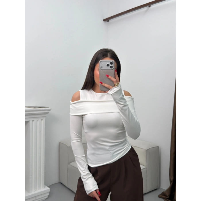 Omuz Damla Madonna Bluz - BEYAZ