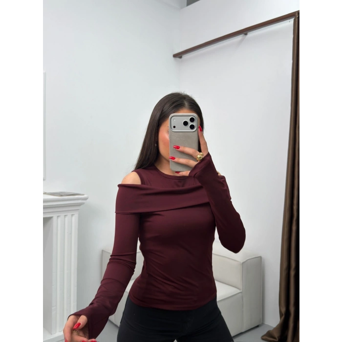 Omuz Damla Madonna Bluz - BORDO