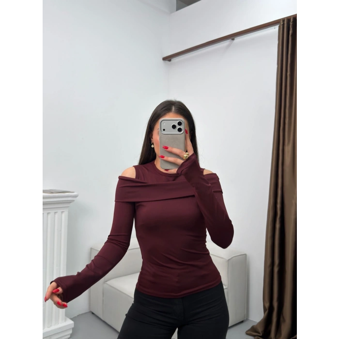 Omuz Damla Madonna Bluz - BORDO
