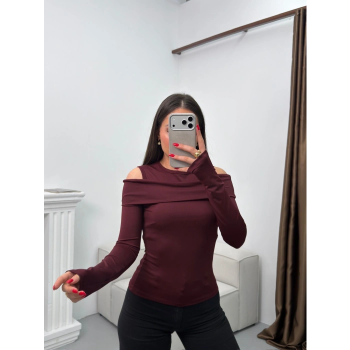 Omuz Damla Madonna Bluz - BORDO