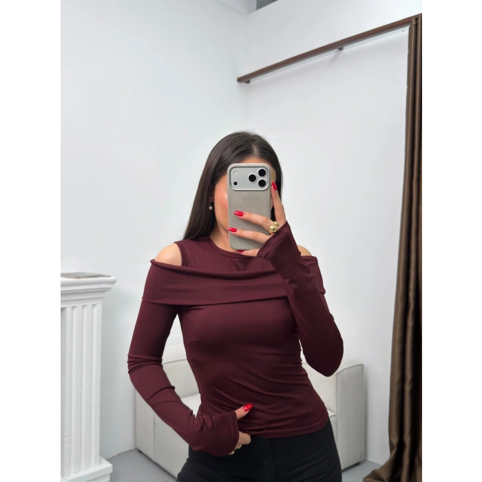 Omuz Damla Madonna Bluz - BORDO