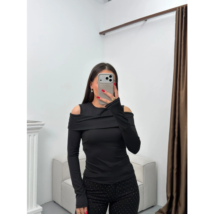 Omuz Damla Madonna Bluz - SİYAH