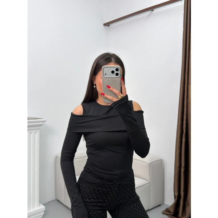 Omuz Damla Madonna Bluz - SİYAH