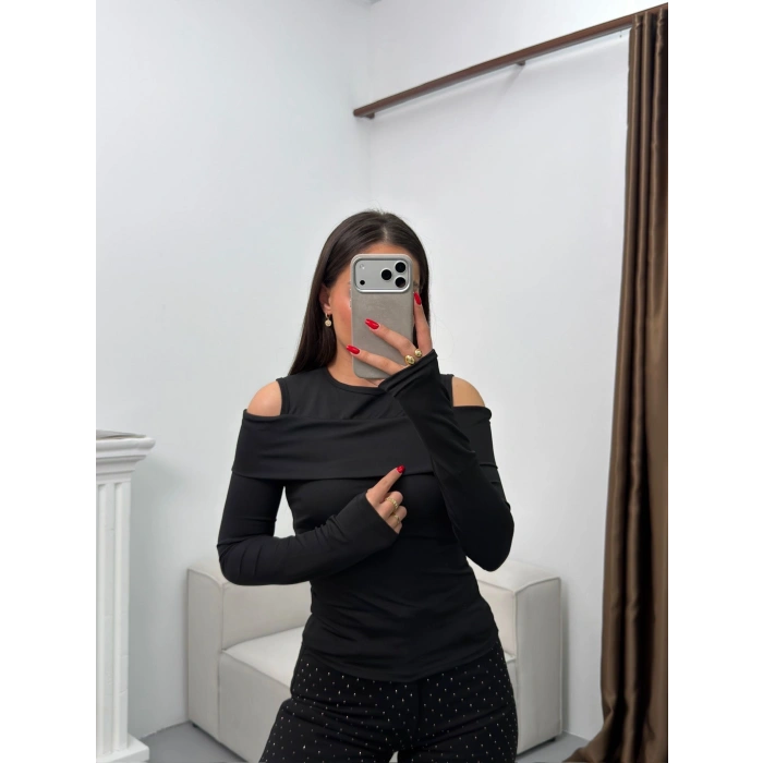 Omuz Damla Madonna Bluz - SİYAH