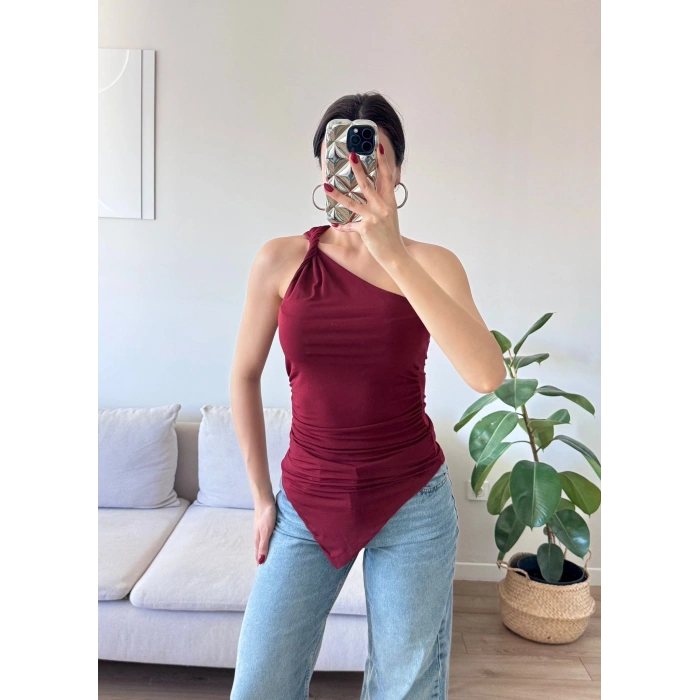 Omuz Dekolte Asimetrik Bluz - BORDO