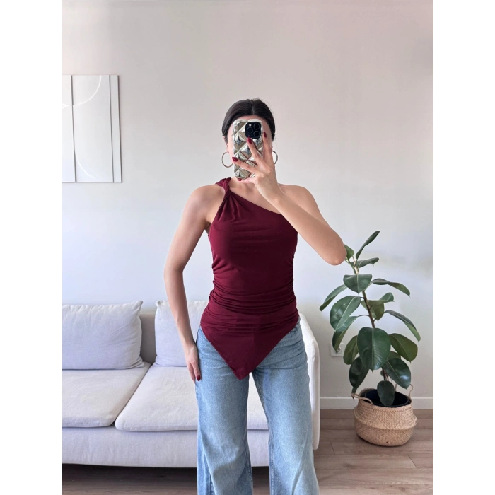 Omuz Dekolte Asimetrik Bluz - BORDO