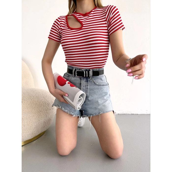Omuz Dekolte Çizgili Kaşkorse Crop-BEYAZKIRMIZI