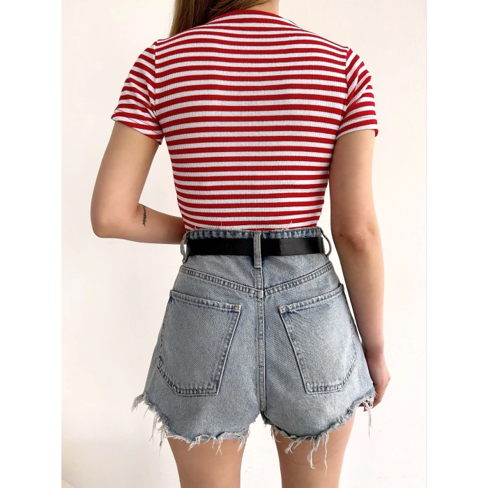 Omuz Dekolte Çizgili Kaşkorse Crop-BEYAZKIRMIZI