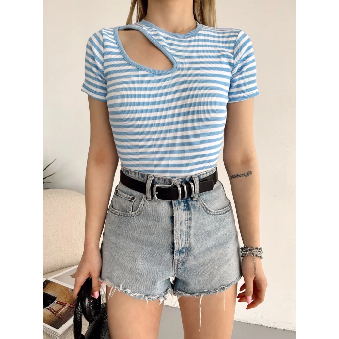 Omuz Dekolte Çizgili Kaşkorse Crop-BEYAZMAVİ