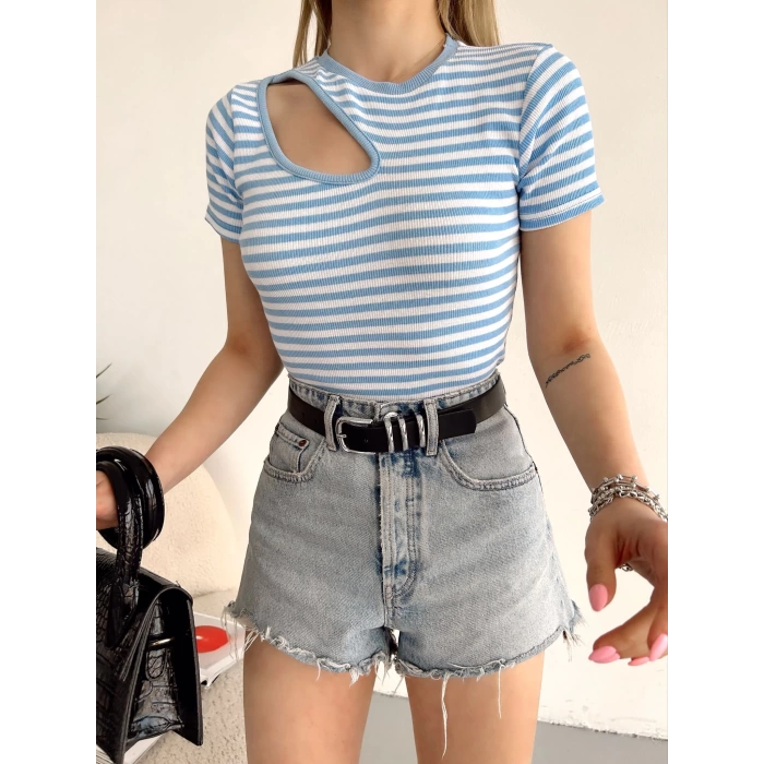 Omuz Dekolte Çizgili Kaşkorse Crop-BEYAZMAVİ