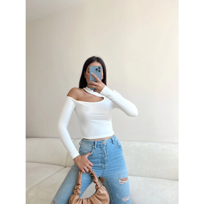 Omuz Dekolte Crop Bluz-BEYAZ
