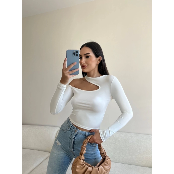 Omuz Dekolte Crop Bluz-BEYAZ