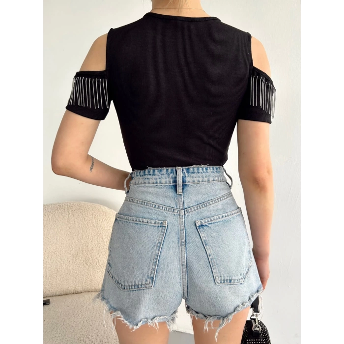 Omuz Dekolte Kaşkorse Crop-SİYAH