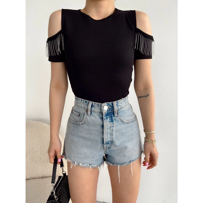 Omuz Dekolte Kaşkorse Crop-SİYAH