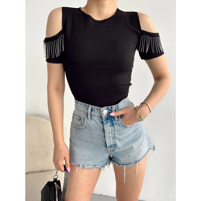Omuz Dekolte Kaşkorse Crop-SİYAH