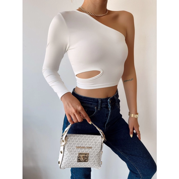 Omuz Detay Bel Kesik Crop Bluz-BEYAZ