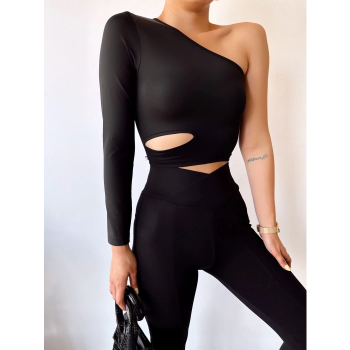 Omuz Detay Bel Kesik Crop Bluz-SİYAH