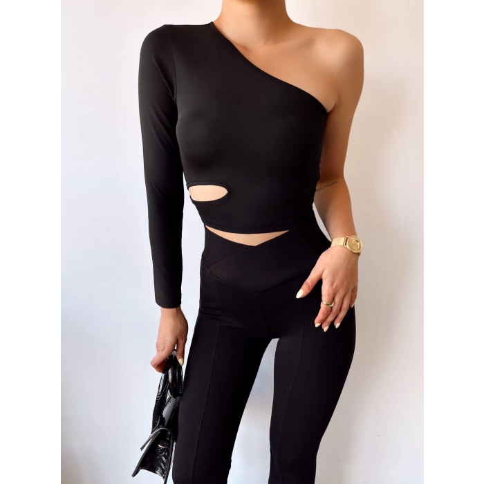 Omuz Detay Bel Kesik Crop Bluz-SİYAH