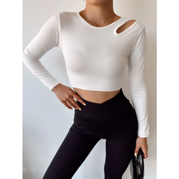 Omuz Detay Crop Bluz-BEYAZ