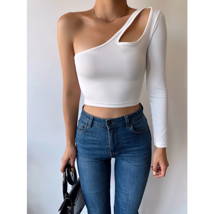 Omuz Detay Crop Bluz-BEYAZ