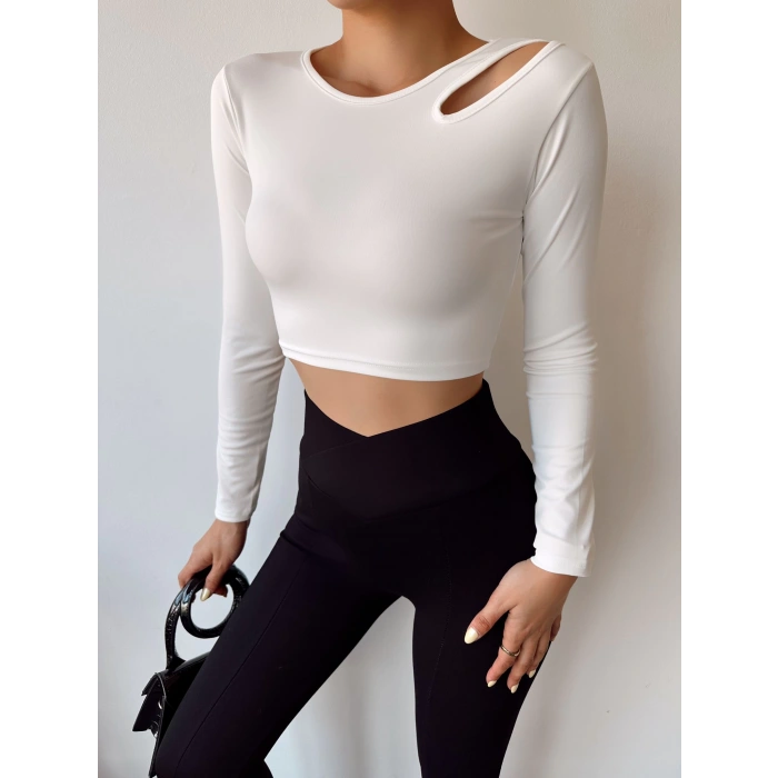Omuz Detay Crop Bluz-BEYAZ