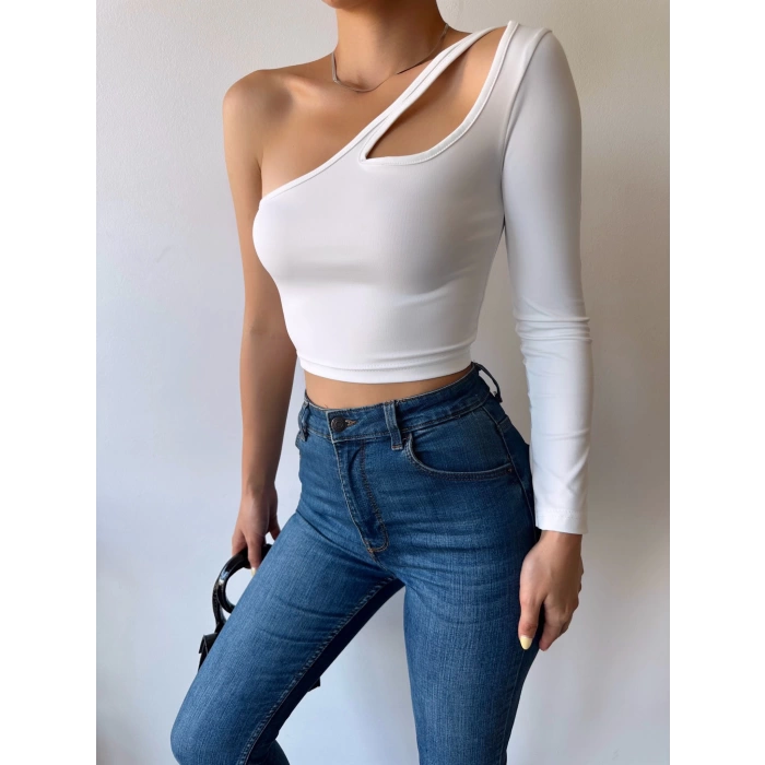 Omuz Detay Crop Bluz-BEYAZ