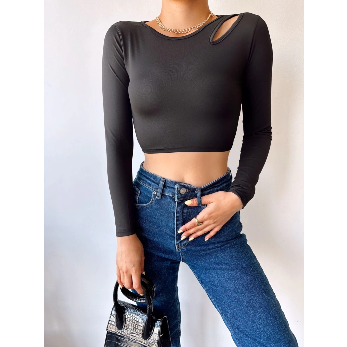 Omuz Detay Crop Bluz-SİYAH