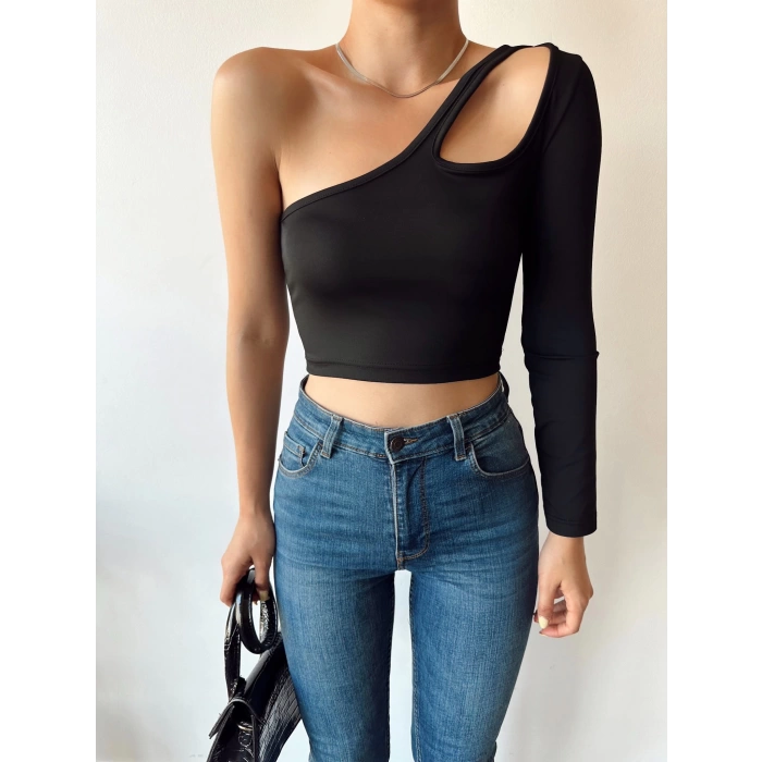Omuz Detay Crop Bluz-SİYAH