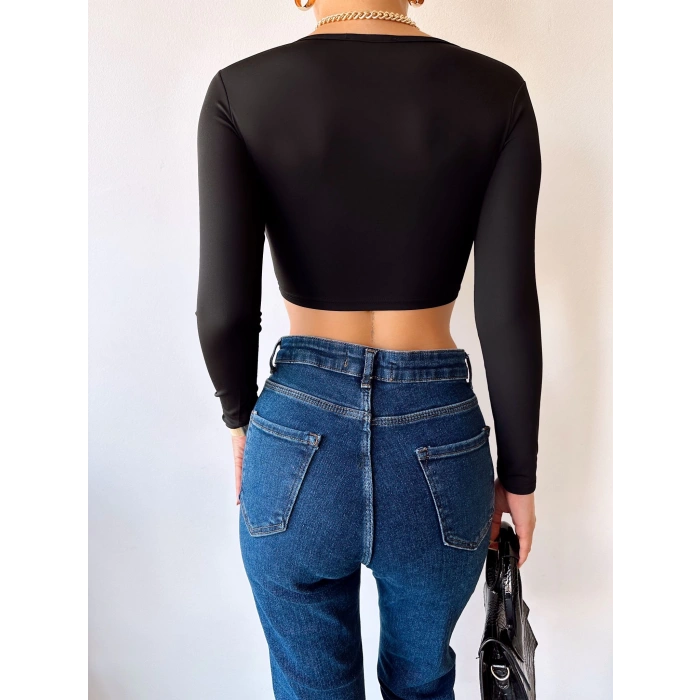 Omuz Detay Crop Bluz-SİYAH