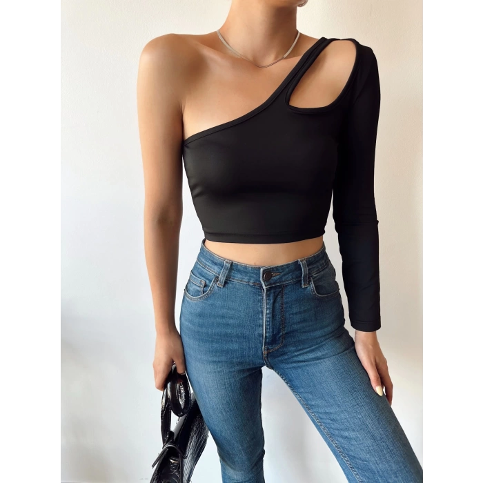 Omuz Detay Crop Bluz-SİYAH
