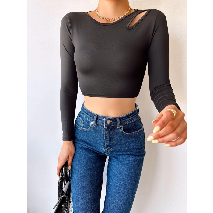Omuz Detay Crop Bluz-SİYAH