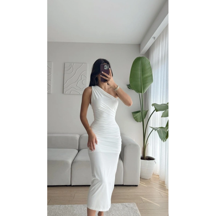 Omuz Detay Drapeli Elbise-BEYAZ