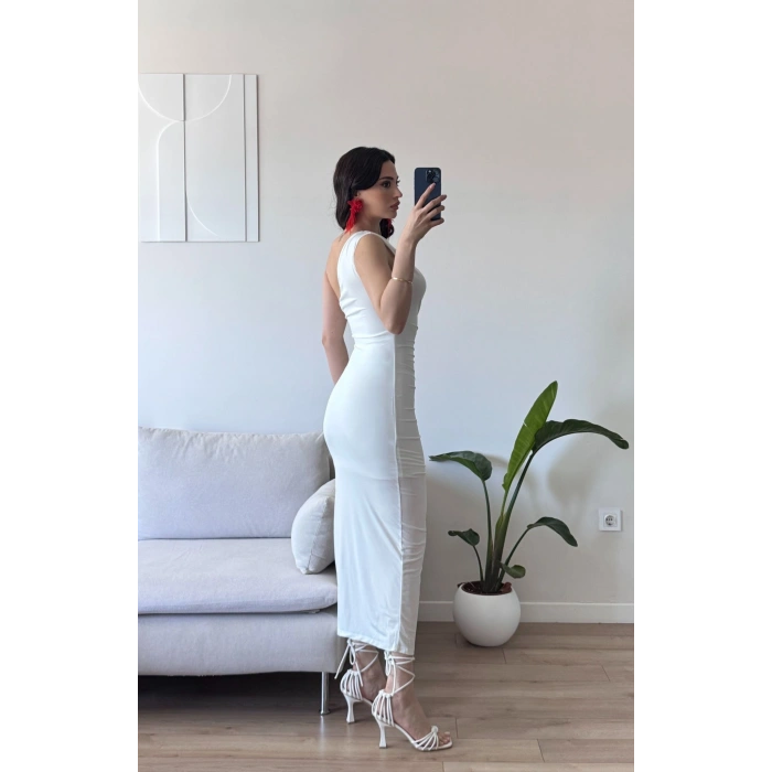 Omuz Detay Drapeli Elbise - BEYAZ
