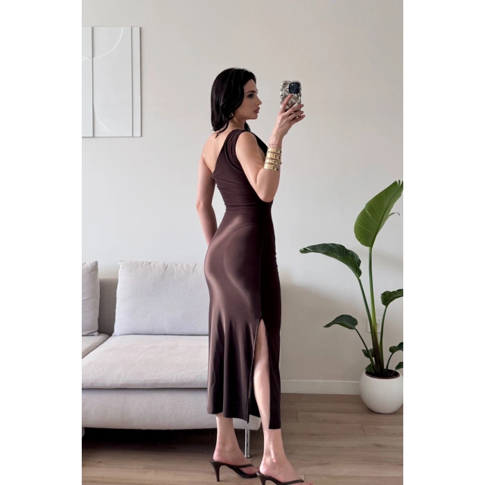 Omuz Detay Drapeli Elbise - KAHVE