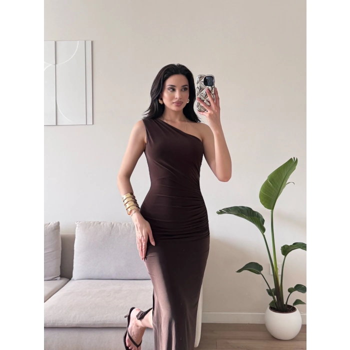 Omuz Detay Drapeli Elbise - KAHVE