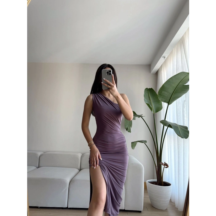 Omuz Detay Drapeli Elbise-LİLA