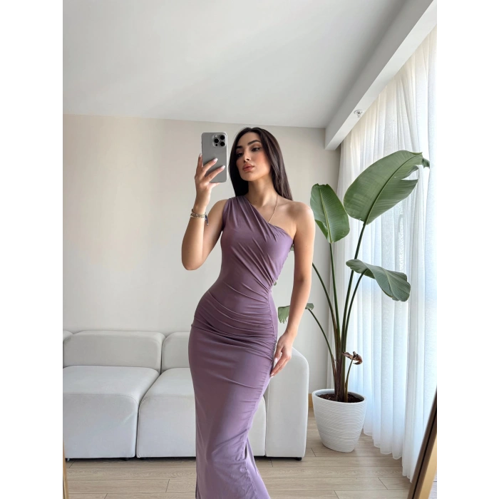 Omuz Detay Drapeli Elbise-LİLA