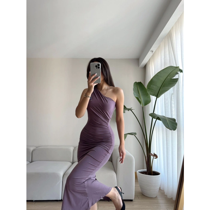 Omuz Detay Drapeli Elbise-LİLA