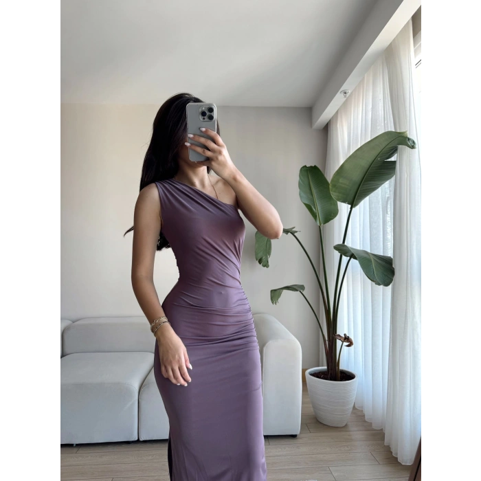 Omuz Detay Drapeli Elbise-LİLA
