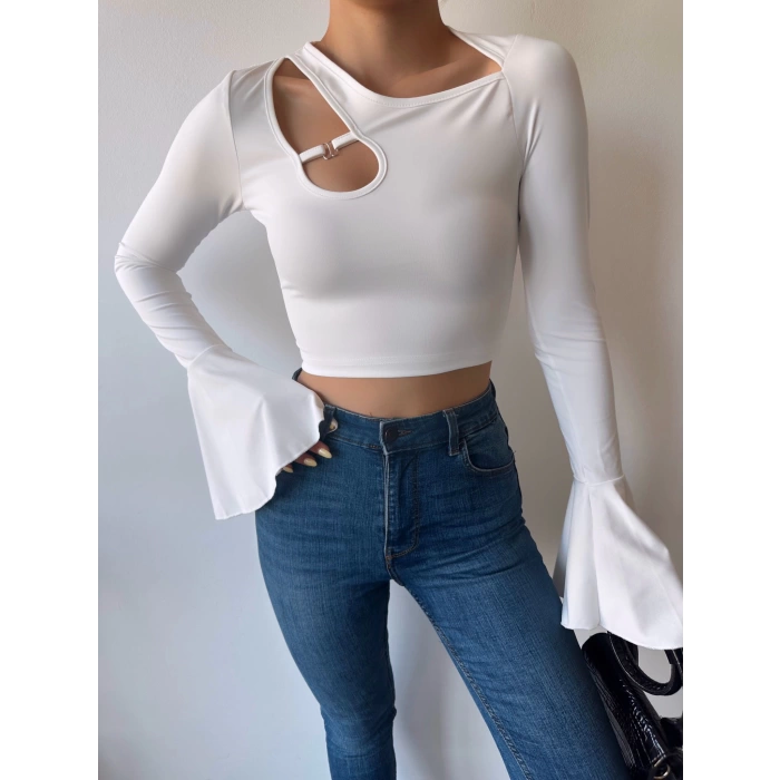 Omuz Detay İspanyol Kol Crop Bluz-BEYAZ
