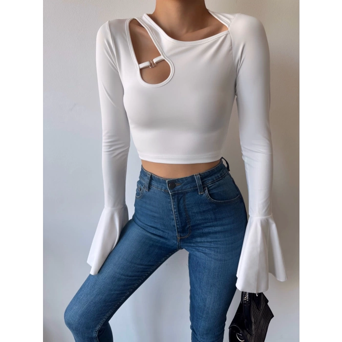 Omuz Detay İspanyol Kol Crop Bluz-BEYAZ
