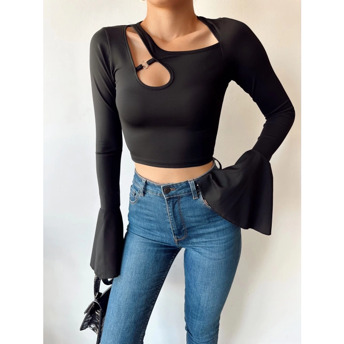 Omuz Detay İspanyol Kol Crop Bluz-SİYAH