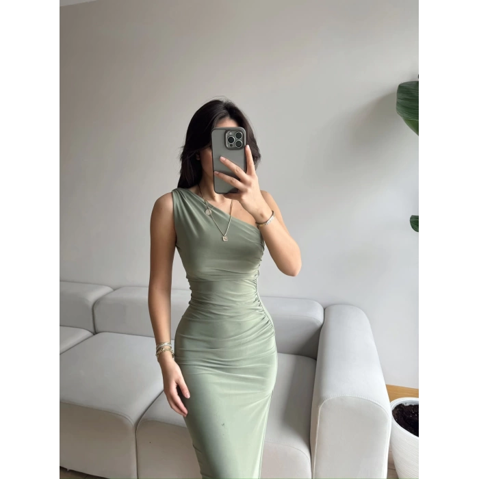 Omuz Detay Drapeli Elbise-YEŞİL