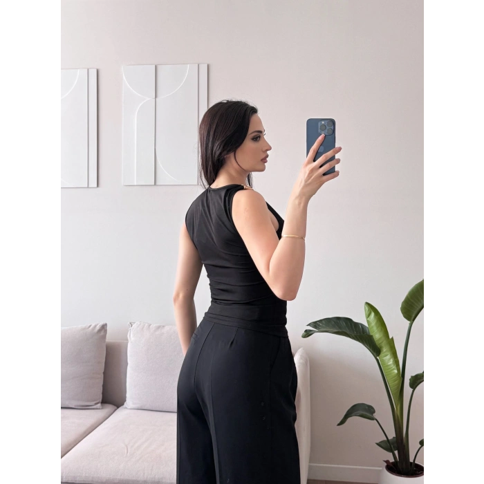 Omuz Gold Toka Kolsuz Crop - SİYAH