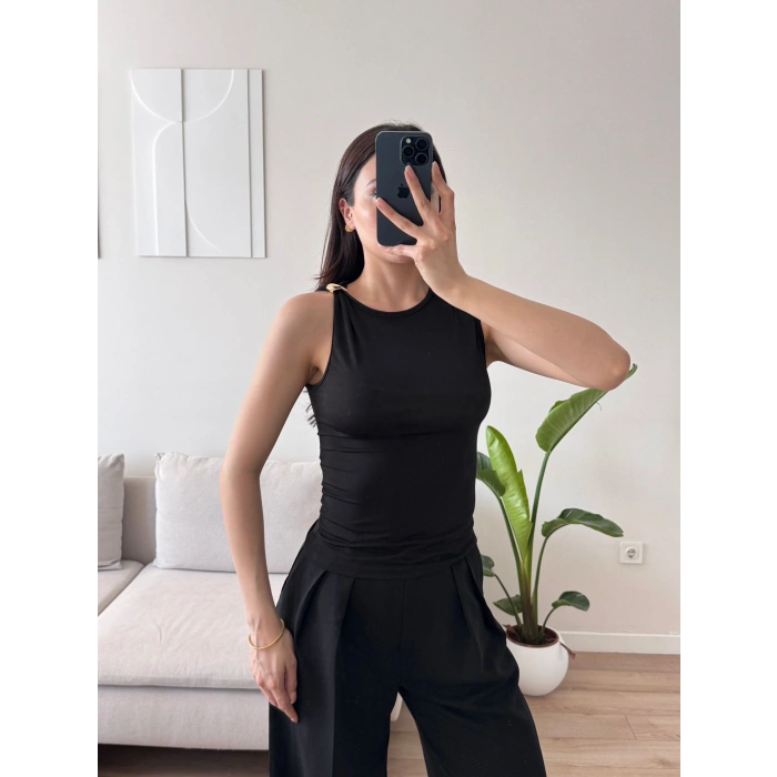 Omuz Gold Toka Kolsuz Crop - SİYAH