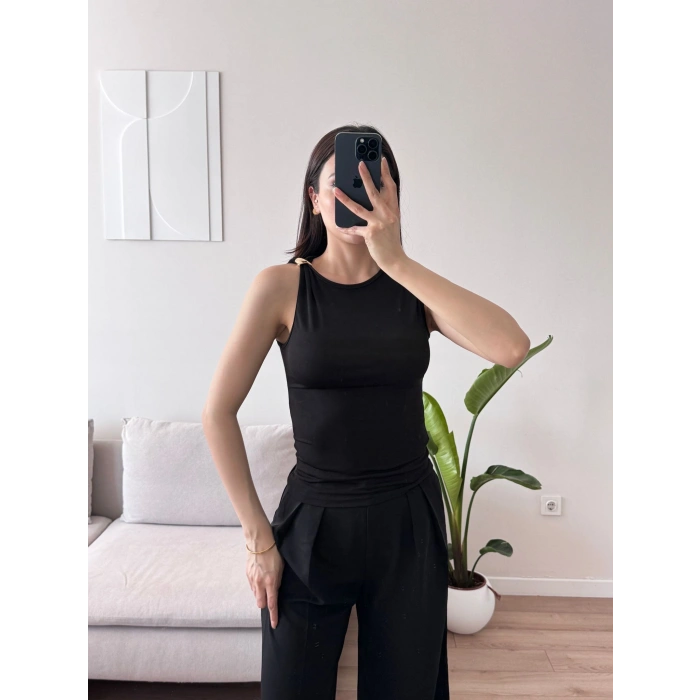 Omuz Gold Toka Kolsuz Crop - SİYAH