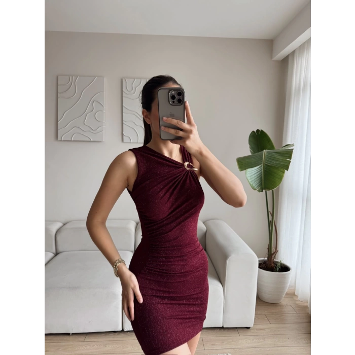 Omuz Tokalı Simli Elbise - BORDO
