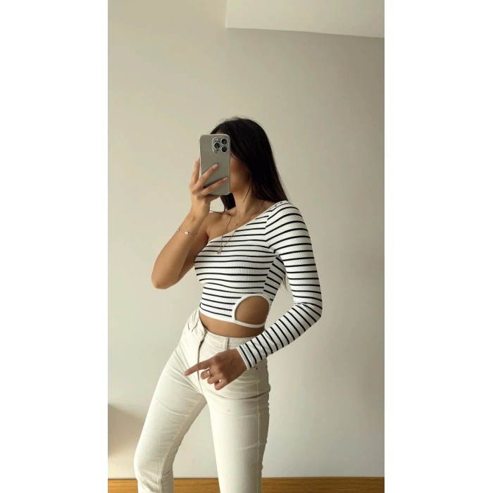 Omuz Ve Bel Detay Çizgili Crop Bluz-BEYAZ